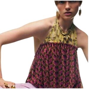 Zara Multicolor Mixed Print Halter Top Tiered Ruffled Open Back Sz Medium NWT